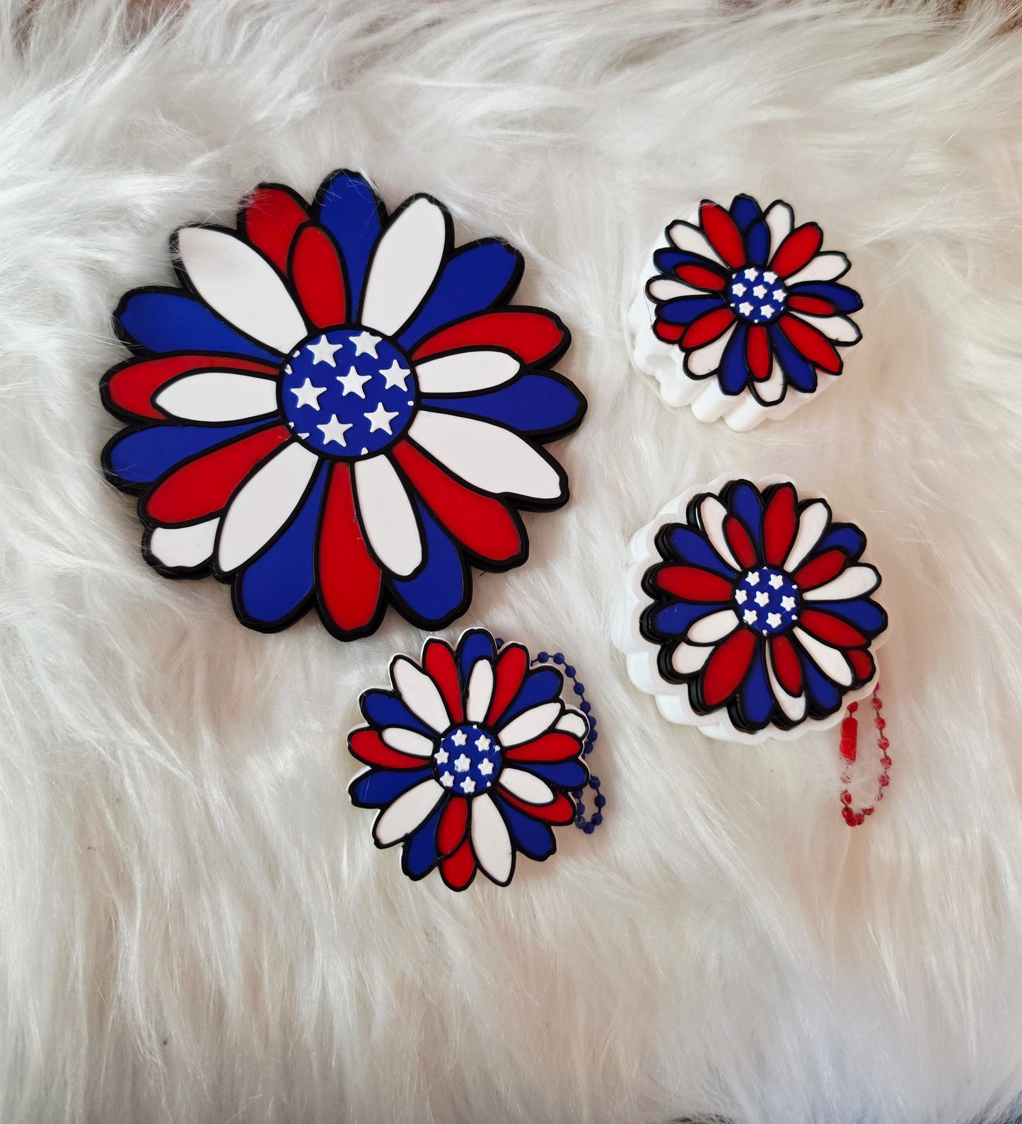US Patriotic 3D Printed Coasters, Straw Toppers & Keychains | Daisy, Heart & Bow Collection