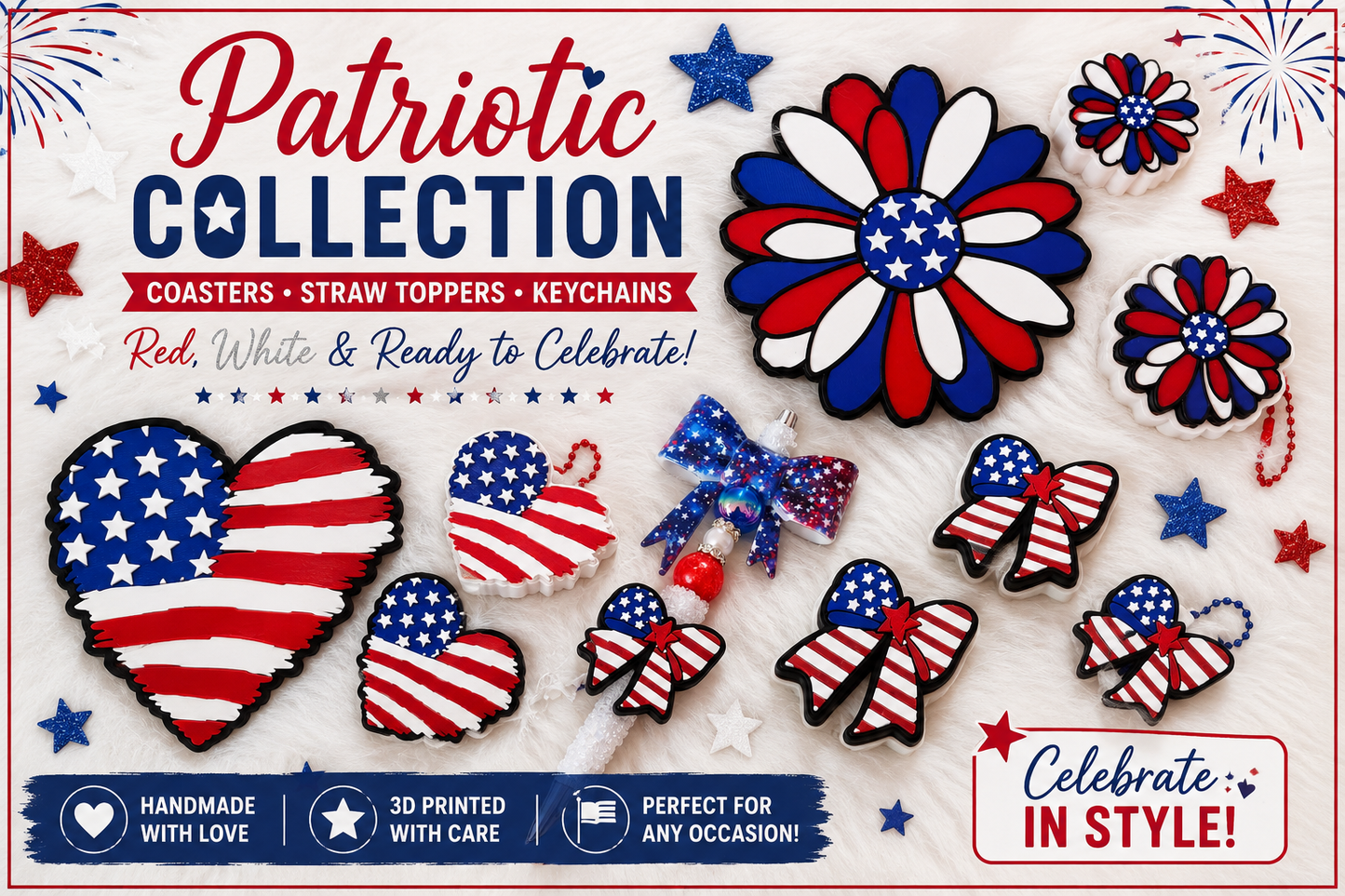 US Patriotic 3D Printed Coasters, Straw Toppers & Keychains | Daisy, Heart & Bow Collection