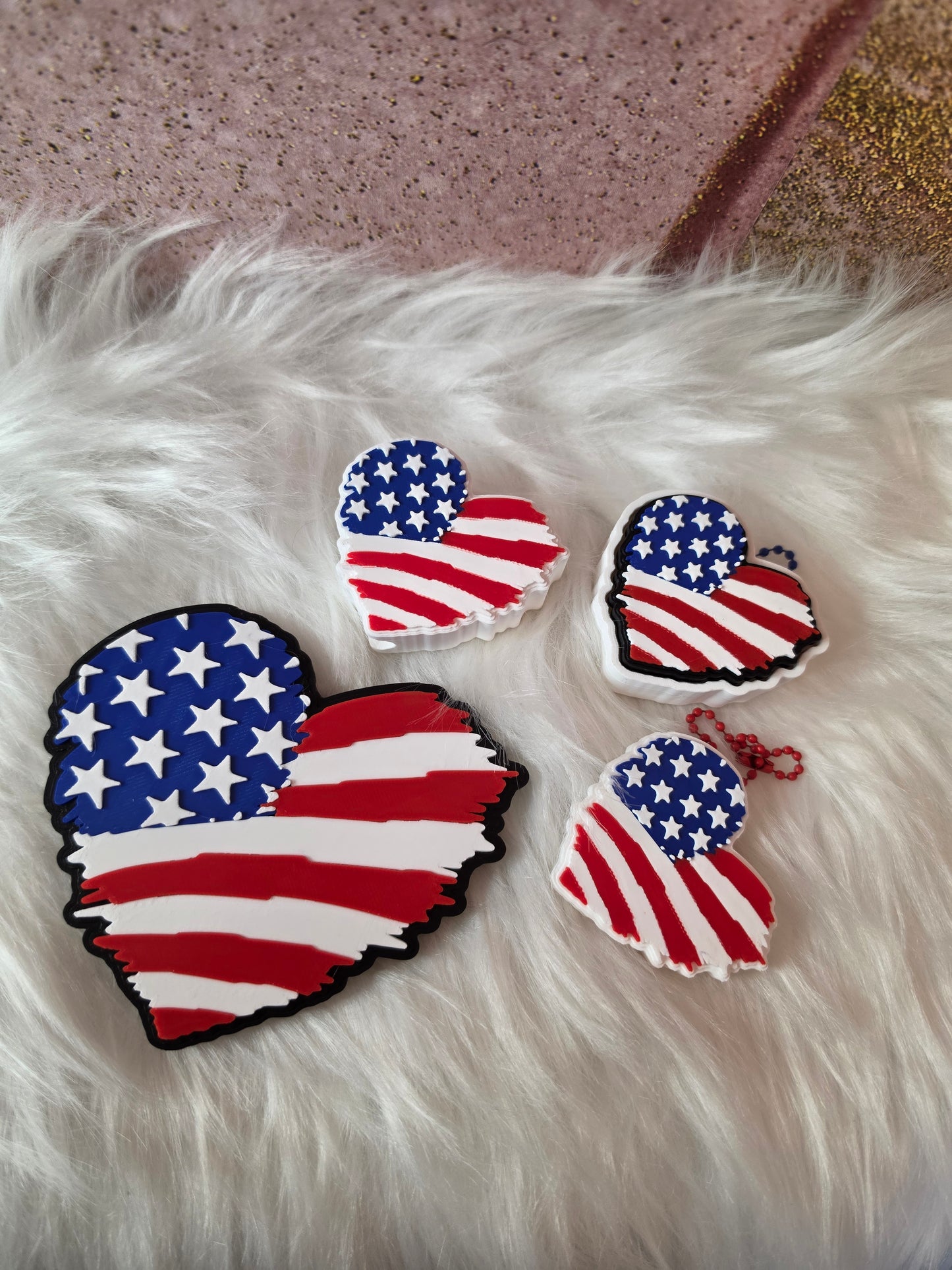 US Patriotic 3D Printed Coasters, Straw Toppers & Keychains | Daisy, Heart & Bow Collection